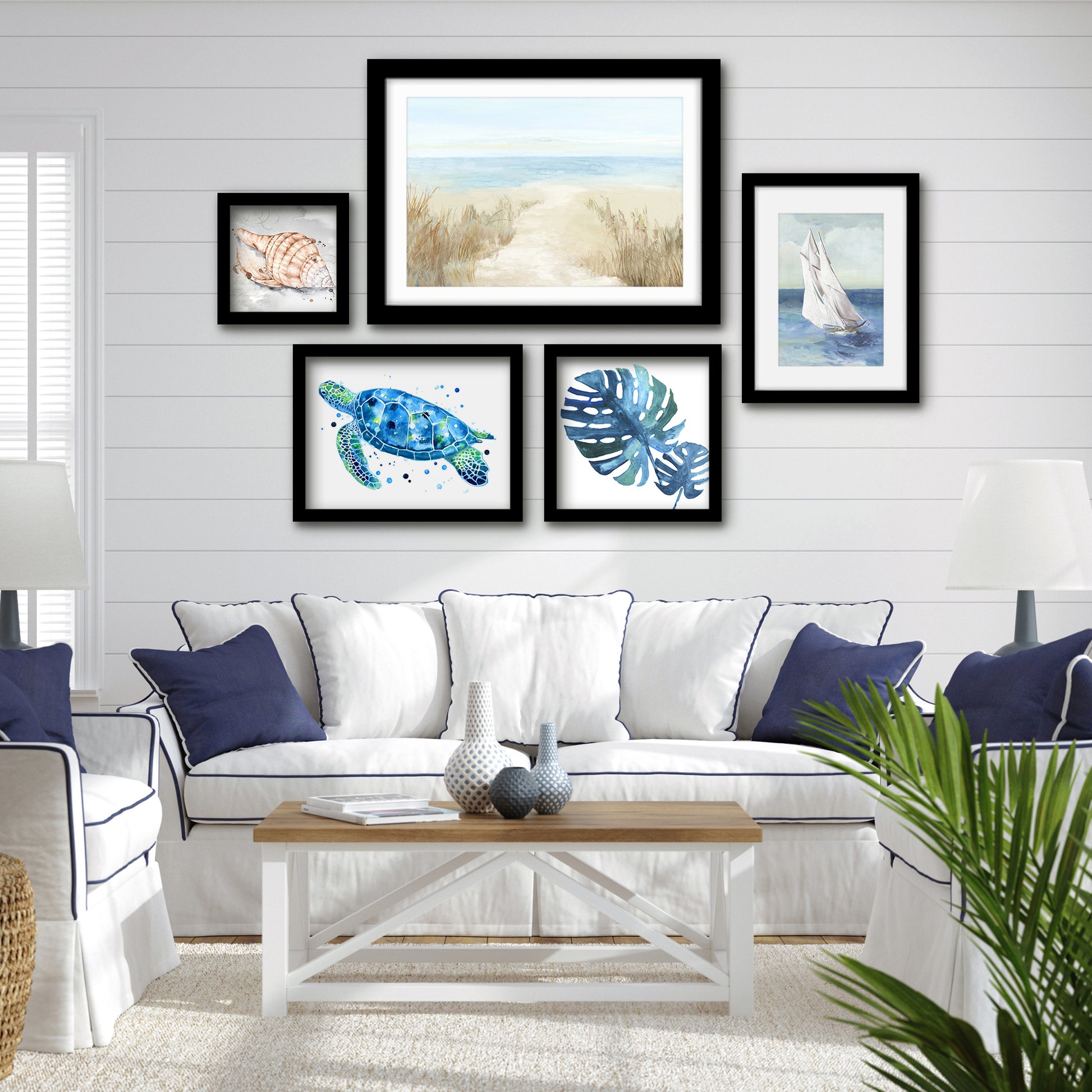 Americanflat 5 Piece Black Framed Gallery Wall Art Set - Blue Coastal Nature Sailing