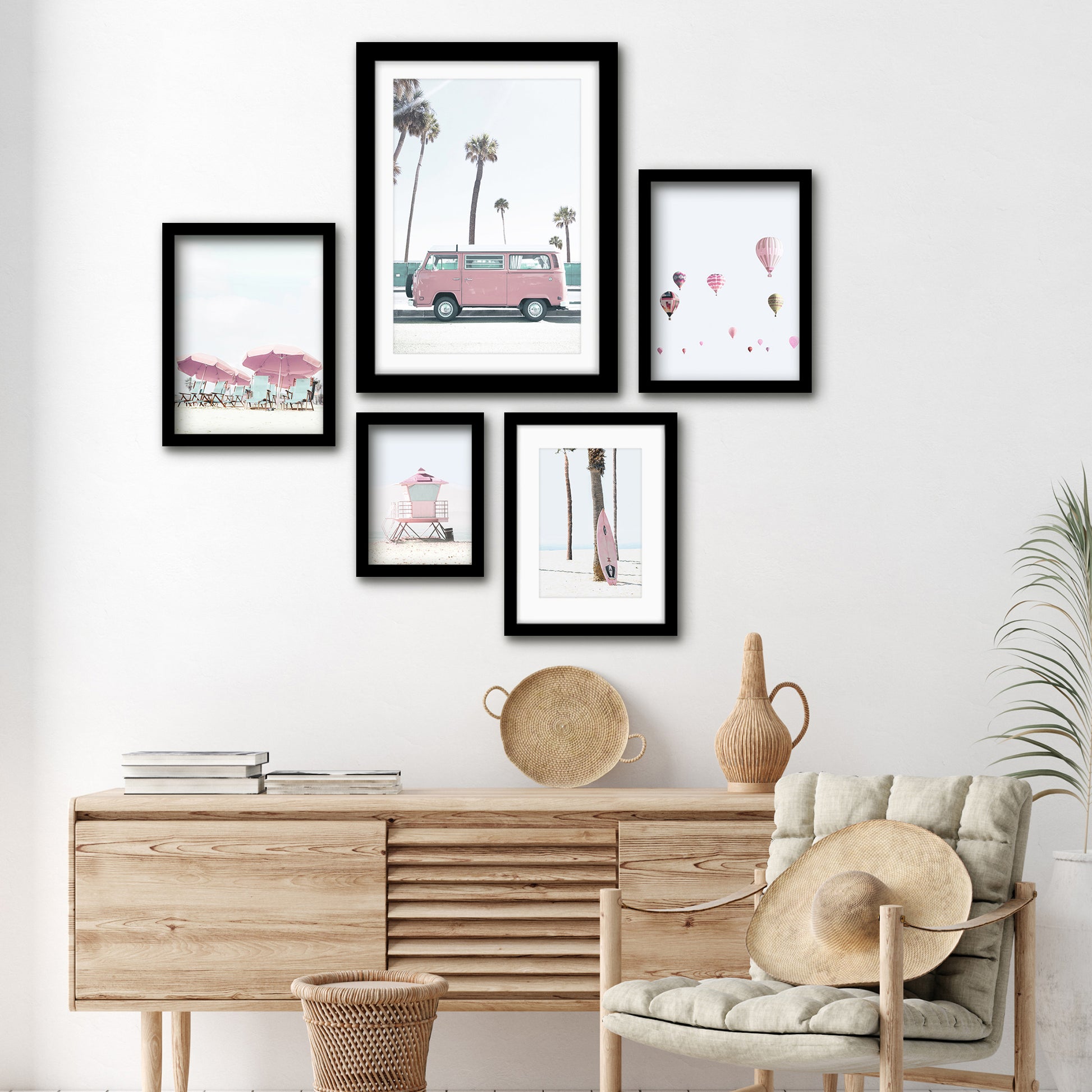 Americanflat 5 Piece Black Framed Gallery Wall Art Set - Pastel Pink Beach Surf