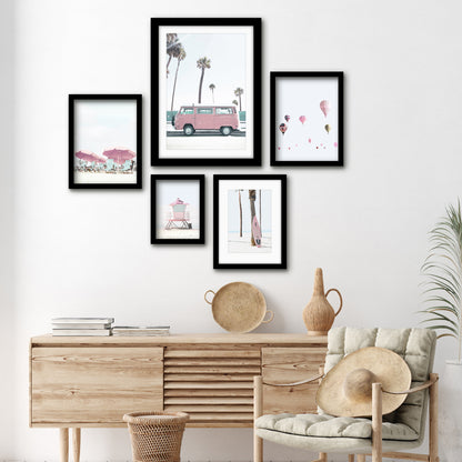 Americanflat 5 Piece Black Framed Gallery Wall Art Set - Pastel Pink Beach Surf