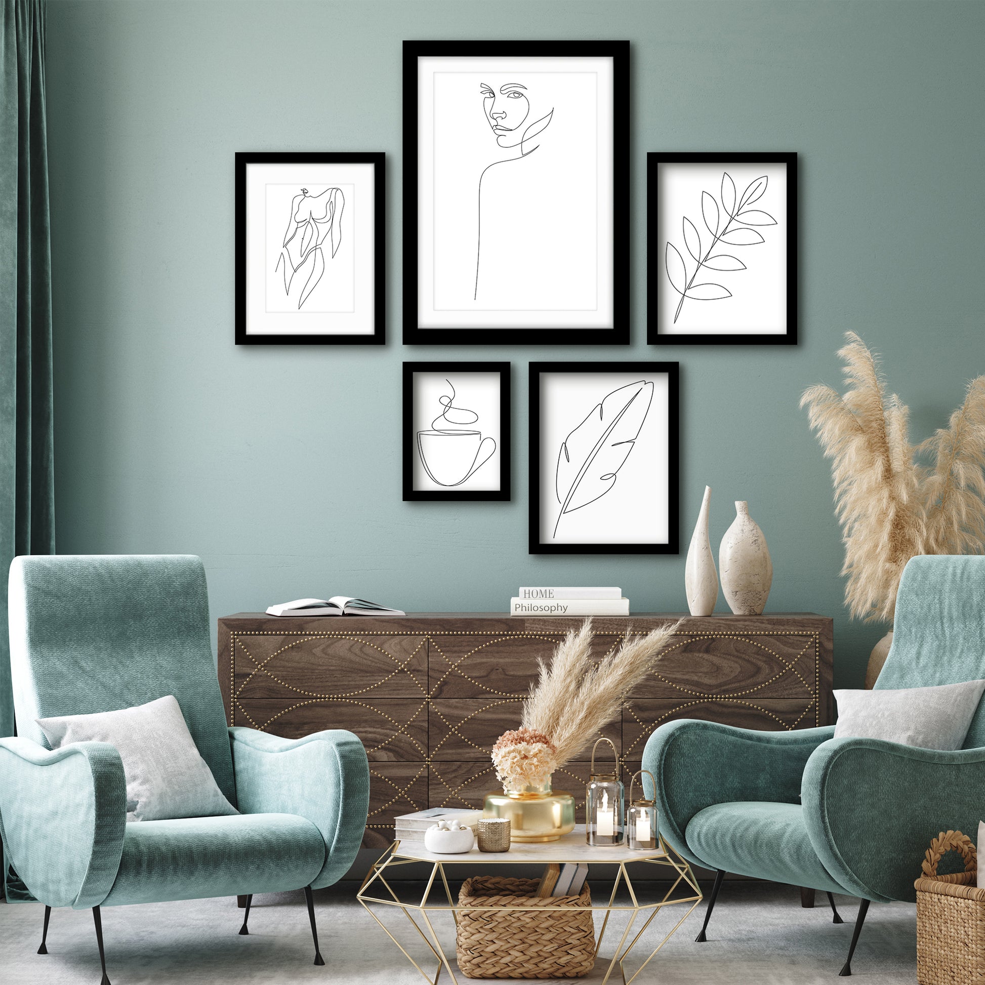 Americanflat 5 Piece Black Framed Gallery Wall Art Set - Black Line Art Botanical & Female Silhouettes