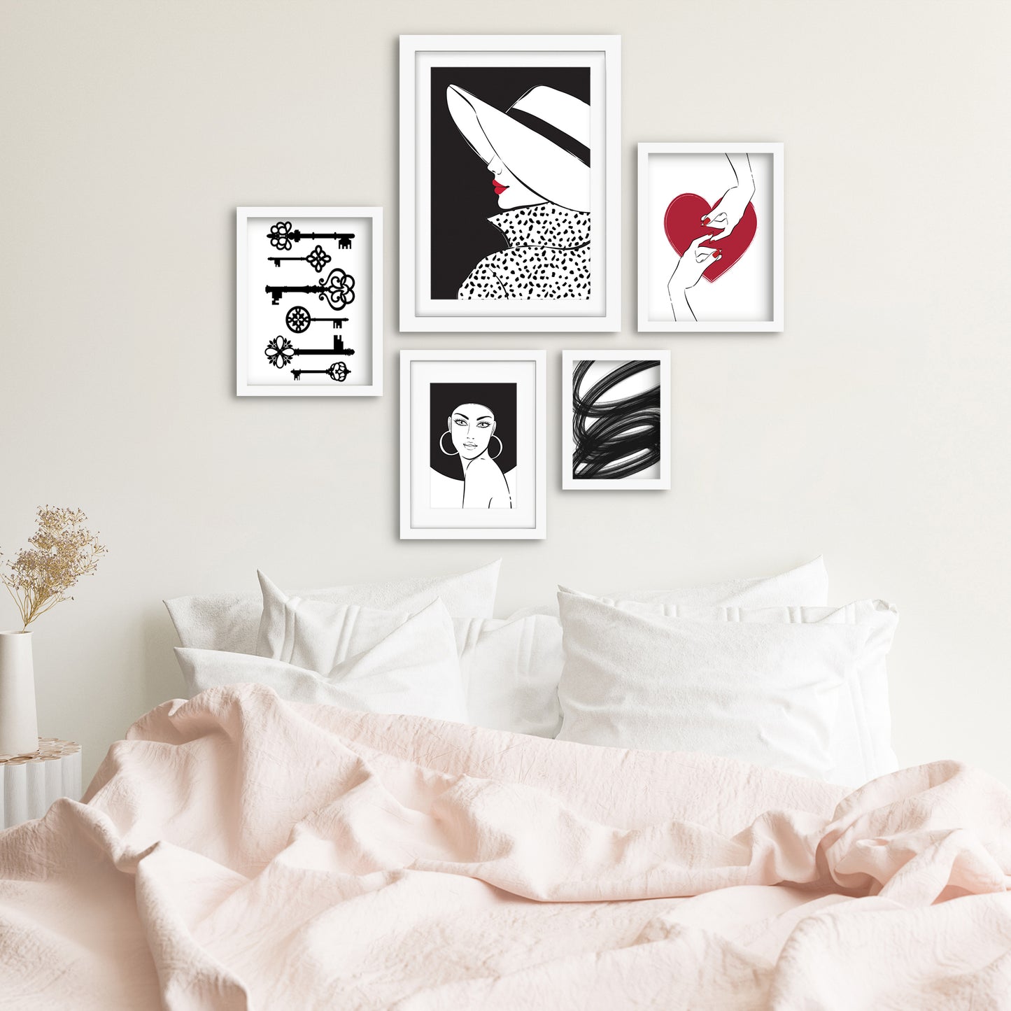 Americanflat 5 Piece Black Framed Gallery Wall Art Set - Black, White & Red Abstract Feminine Wire Art