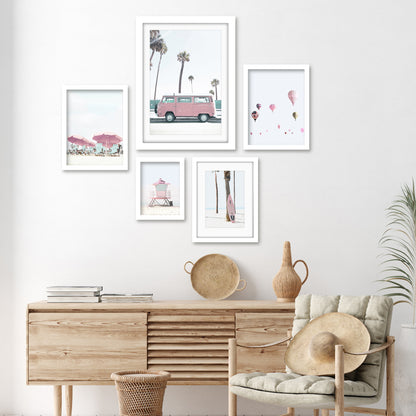 Americanflat 5 Piece Black Framed Gallery Wall Art Set - Pastel Pink Beach Surf