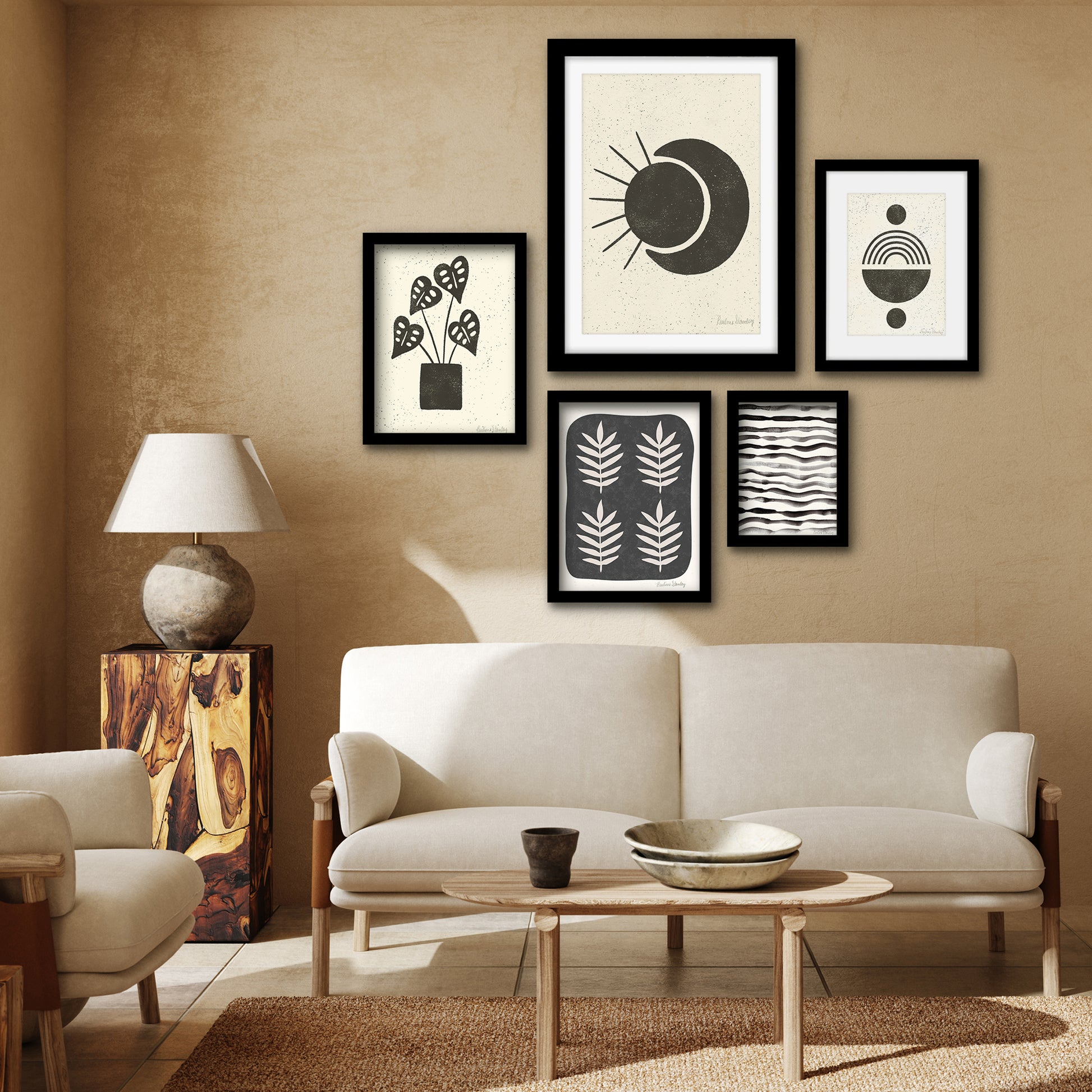 Americanflat 5 Piece Black Framed Gallery Wall Art Set - Black & Beige Leaves Pattern