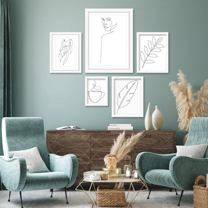 Americanflat 5 Piece Black Framed Gallery Wall Art Set - Black Line Art Botanical & Female Silhouettes