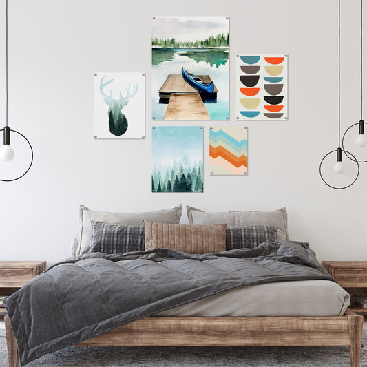 5 Piece Poster Gallery Wall Art Set - Green Lake & Colorful Abstract Shapes - Print