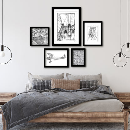 Americanflat 5 Piece Black Framed Gallery Wall Art Set - Black & White Drawn City & Transport