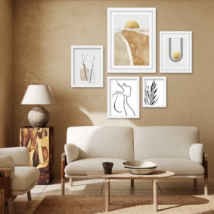 Americanflat 5 Piece Black Framed Gallery Wall Art Set - Black & Gold Abstract Floral Shapes