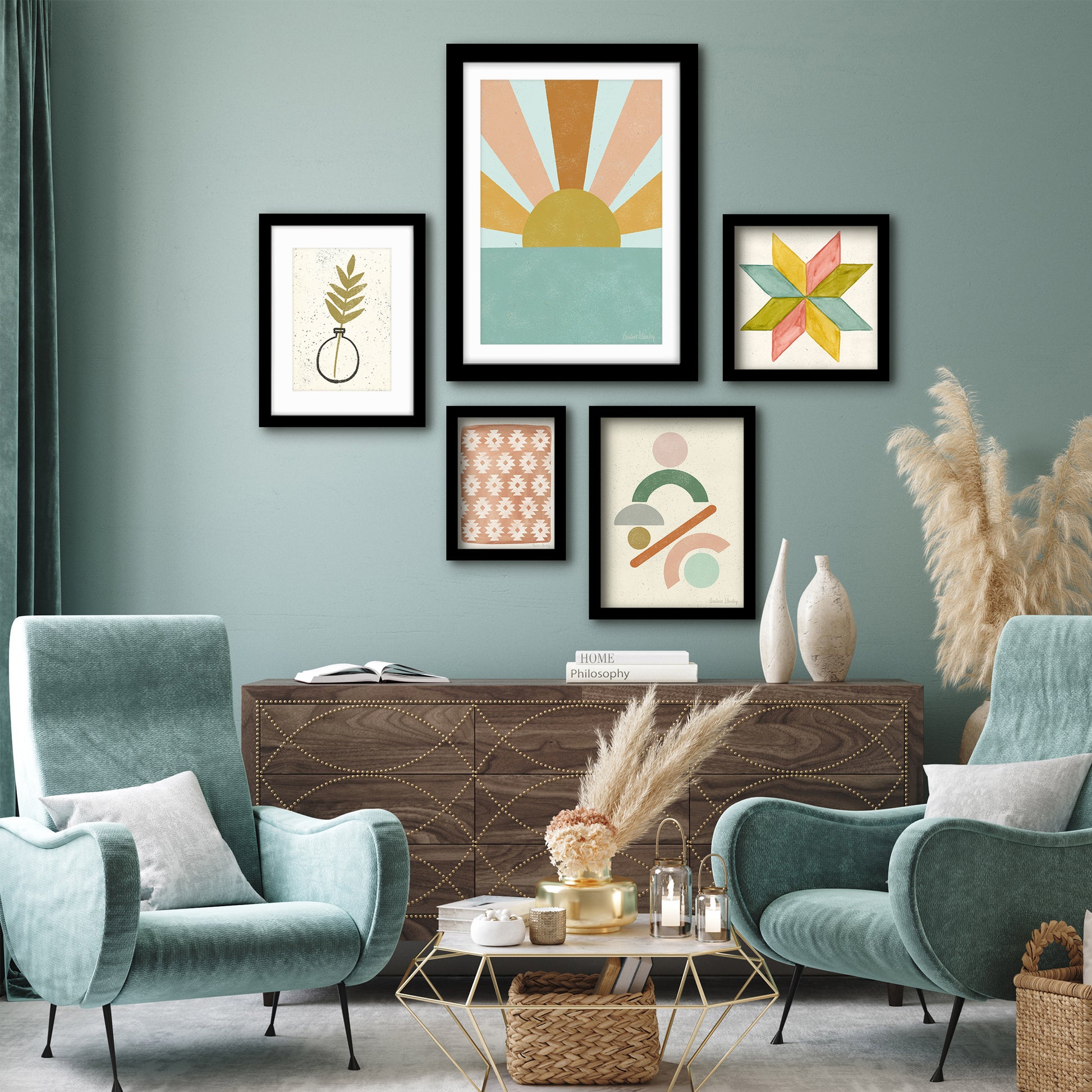 Americanflat 5 Piece Black Framed Gallery Wall Art Set - Pastel Colored Abstract Shapes