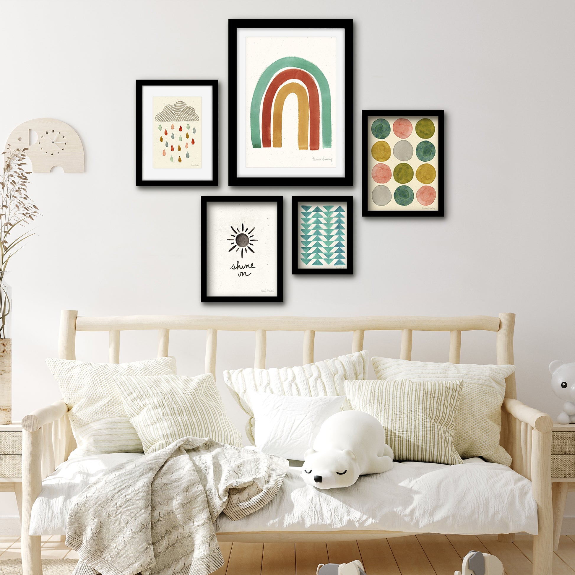 Americanflat 5 Piece Black Framed Gallery Wall Art Set - Colorful Rainbow Shapes Wire Art