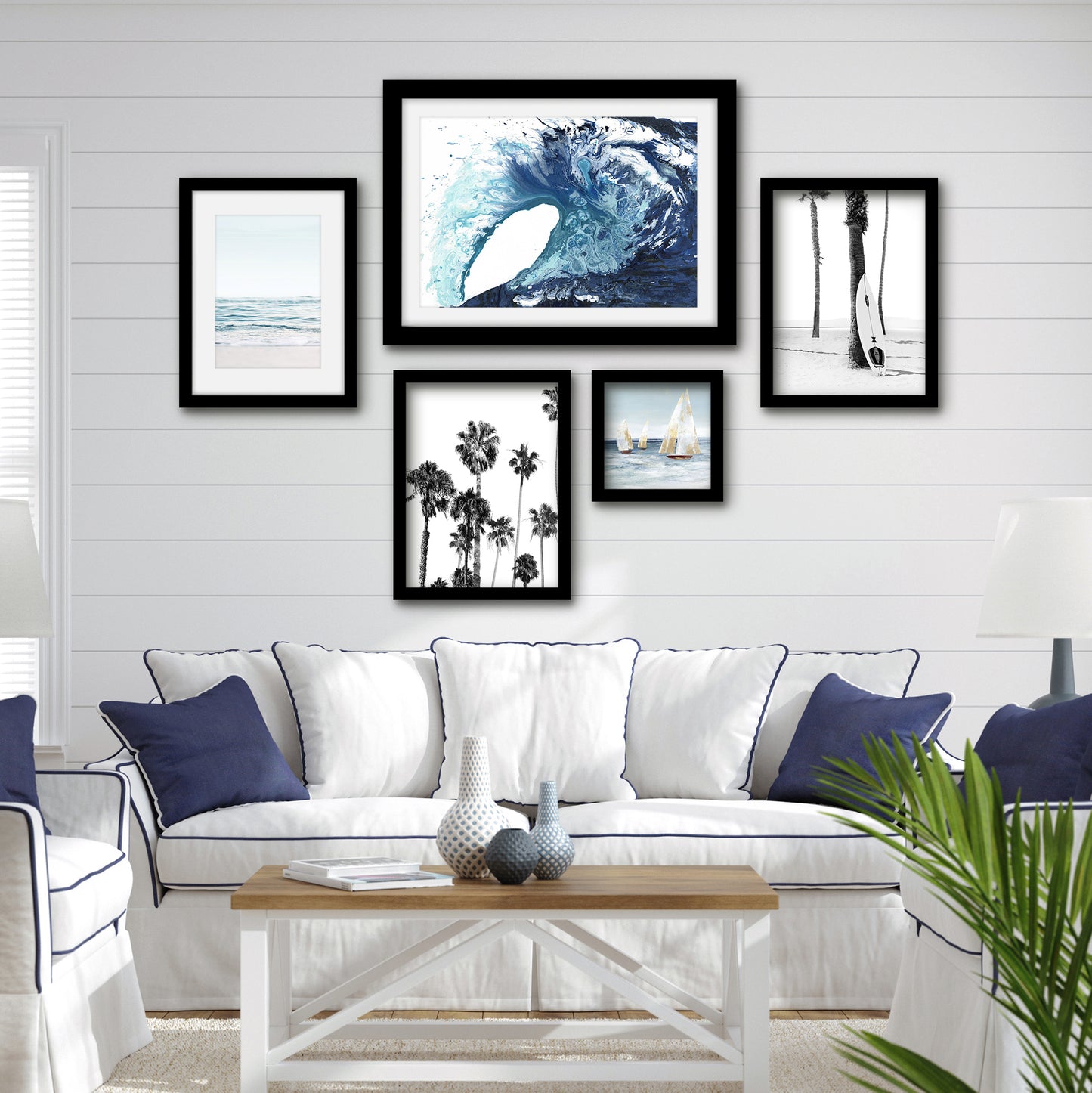 Americanflat 5 Piece Black Framed Gallery Wall Art Set - Blue Ocean Surf Boat
