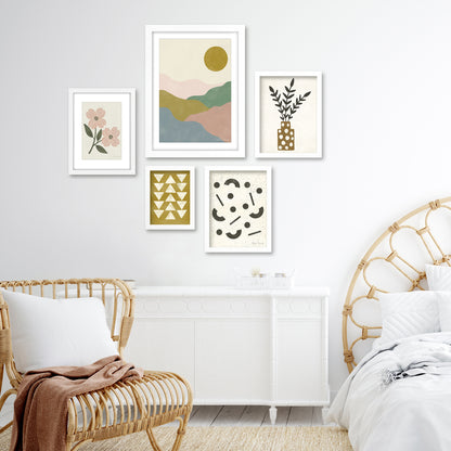 Americanflat 5 Piece Black Framed Gallery Wall Art Set - Pastel Pink & Green Botanical Abstract Landscape