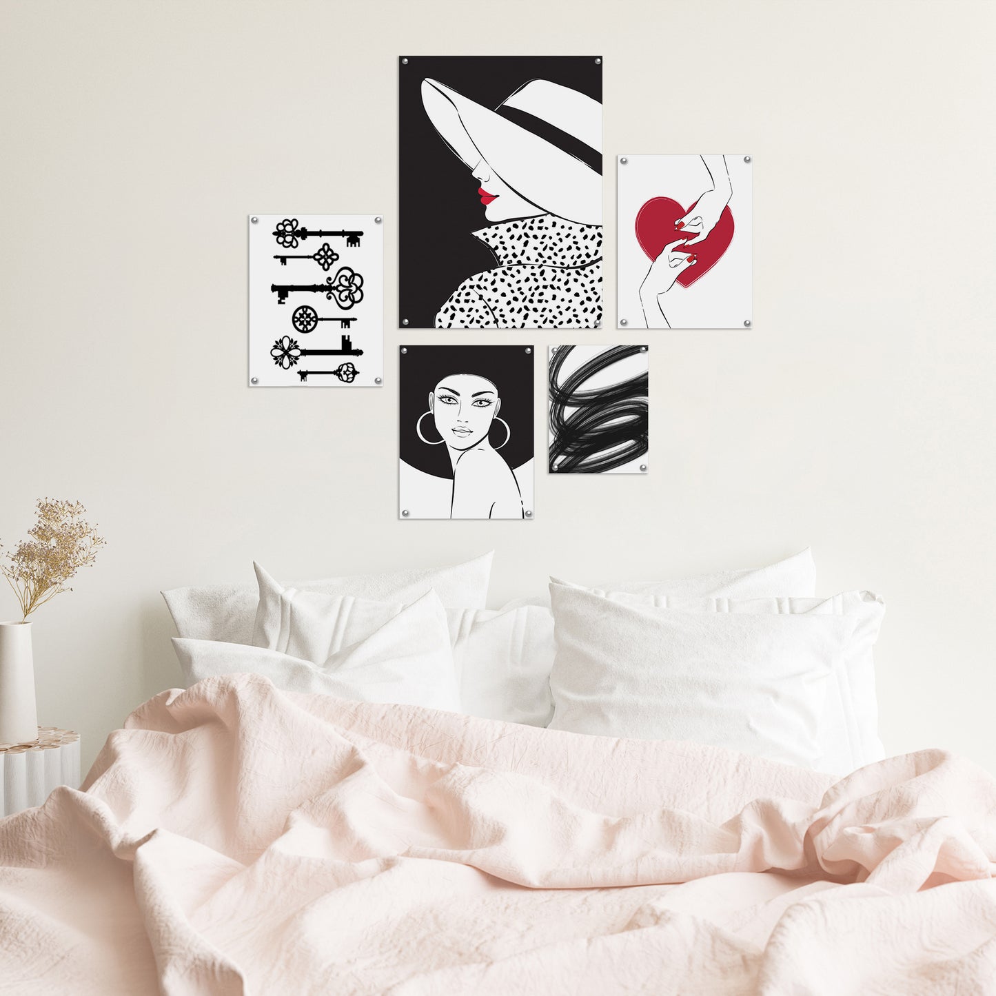 5 Piece Poster Gallery Wall Art Set - Black, White & Red Abstract Feminine Wire Art - Print