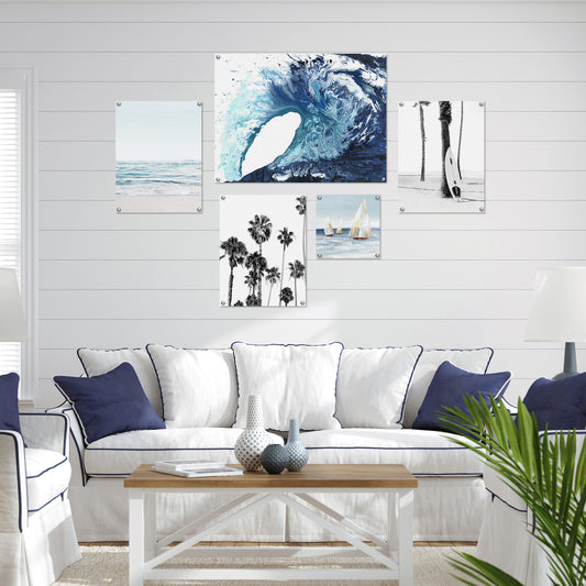 5 Piece Poster Gallery Wall Art Set - Blue Ocean Surf Boat - Print