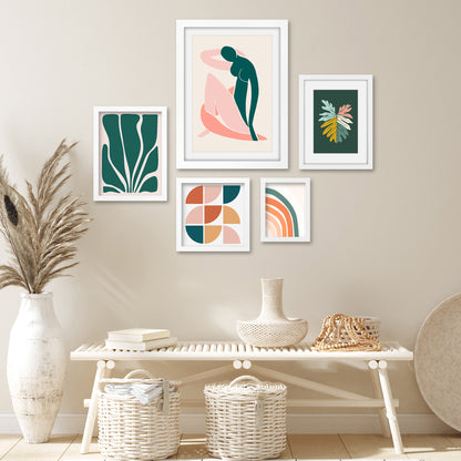 Americanflat 5 Piece Black Framed Gallery Wall Art Set - Pink & Green Abstract Woman Shapes