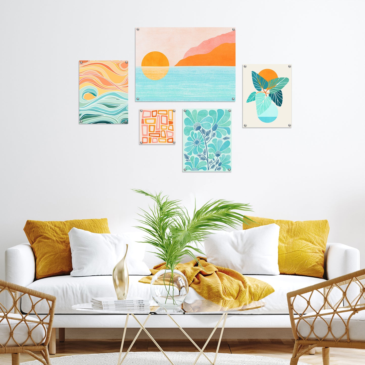 5 Piece Poster Gallery Wall Art Set - Pastel Color Abstract Botanical Sea - Print