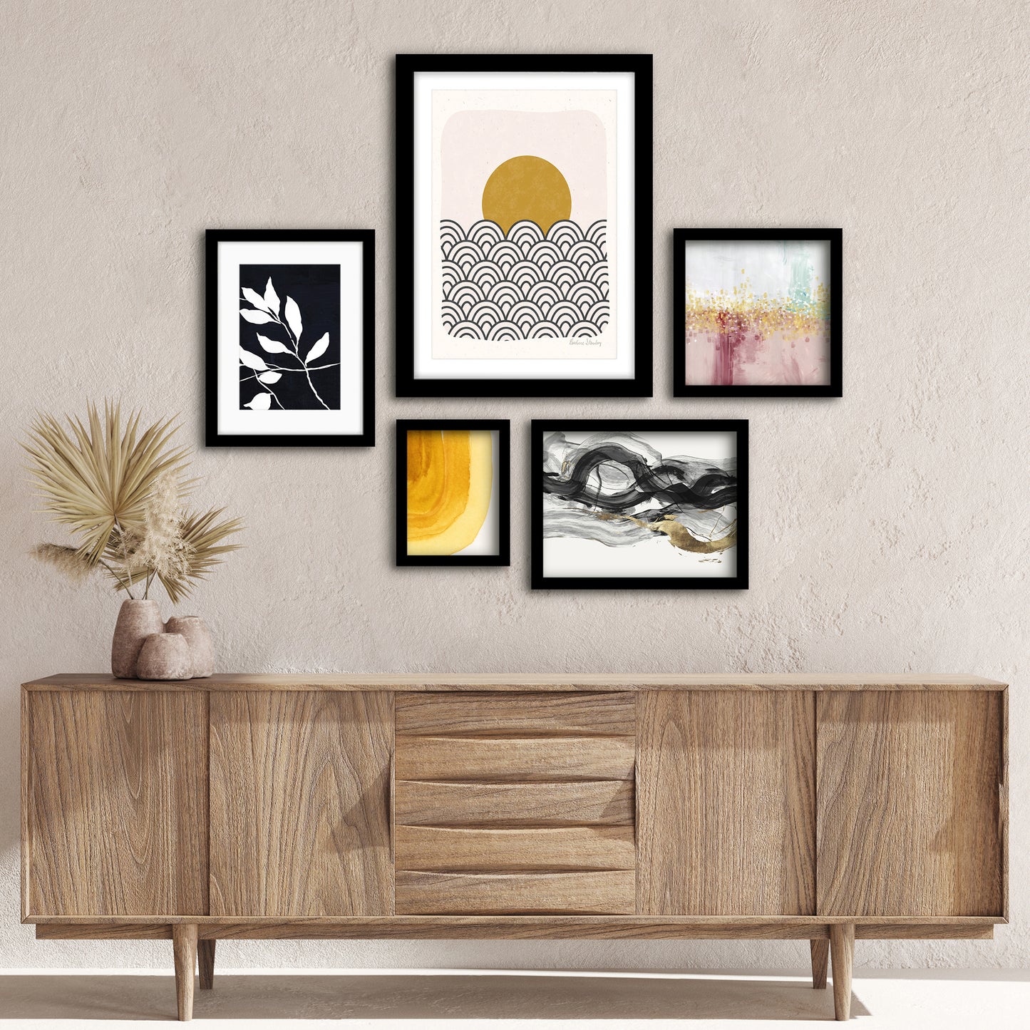 Americanflat 5 Piece Black Framed Gallery Wall Art Set - Black & Gold Abstract Botanical Wire Art Woman
