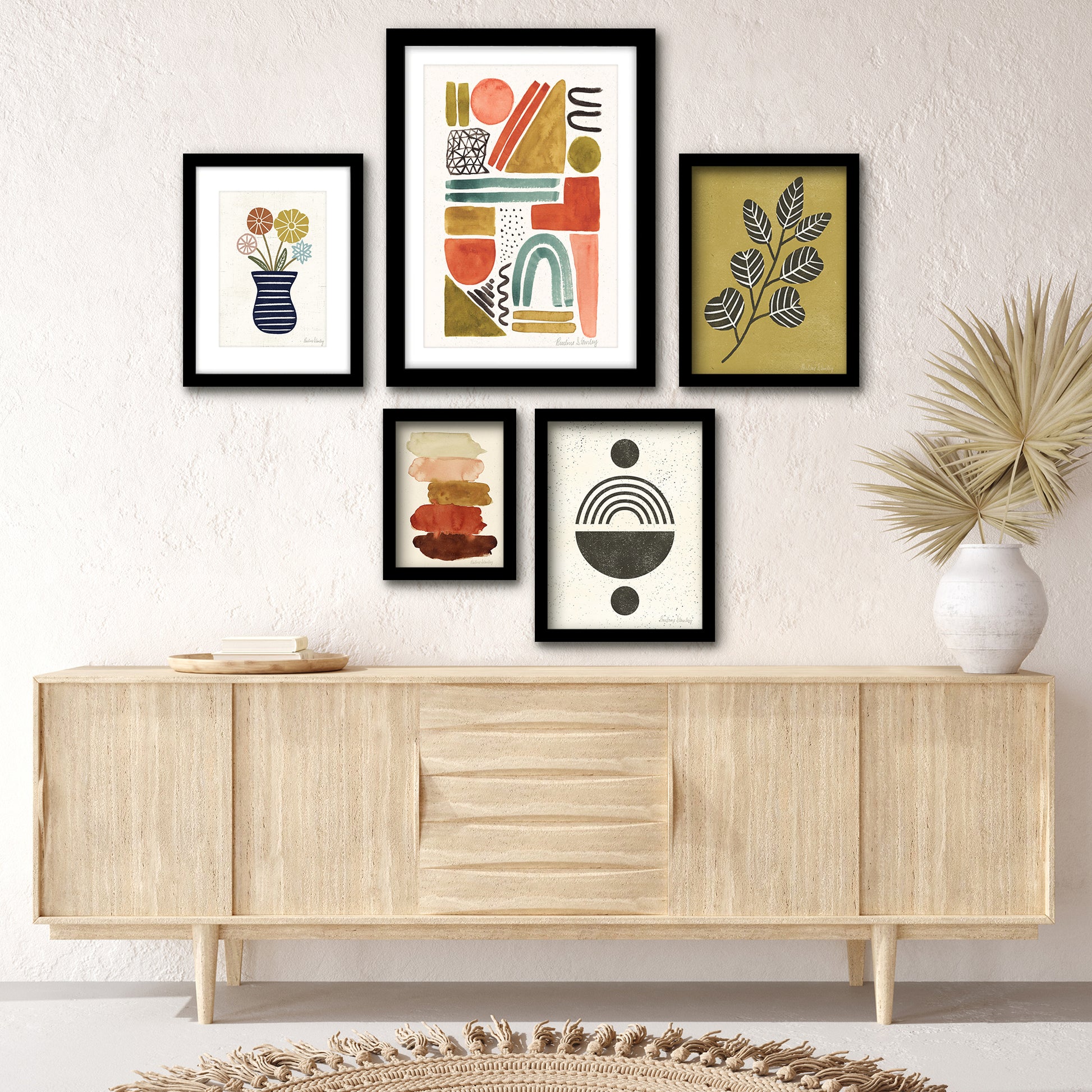 Americanflat 5 Piece Black Framed Gallery Wall Art Set - Colorful Abstract Floral Shapes