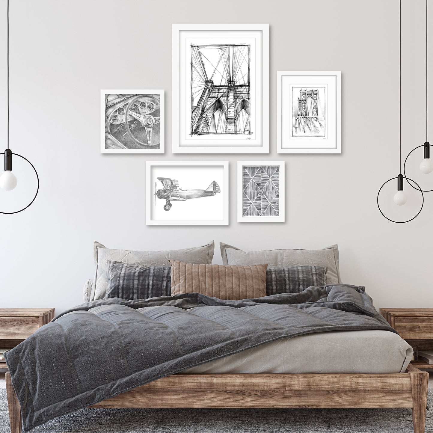 Americanflat 5 Piece Black Framed Gallery Wall Art Set - Black & White Drawn City & Transport