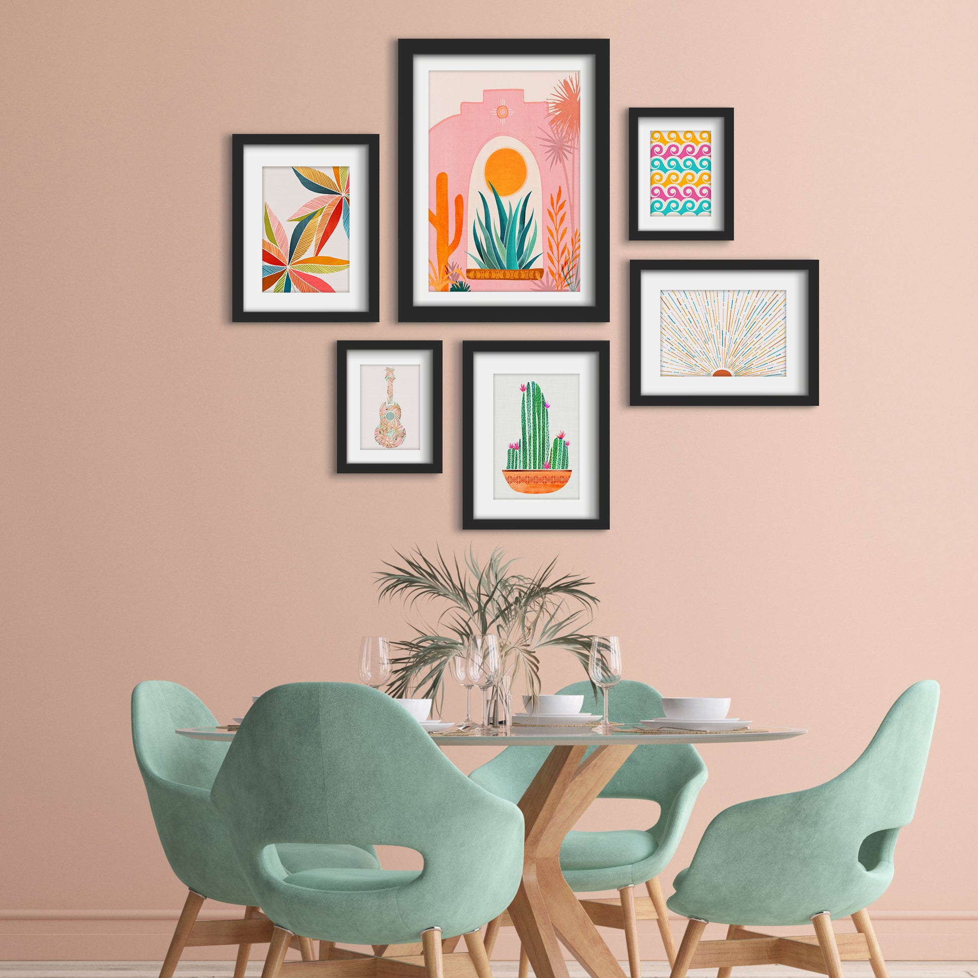 Orange Green Pink Sun & Cactus - 6 Piece Framed Gallery Wall Set - Americanflat