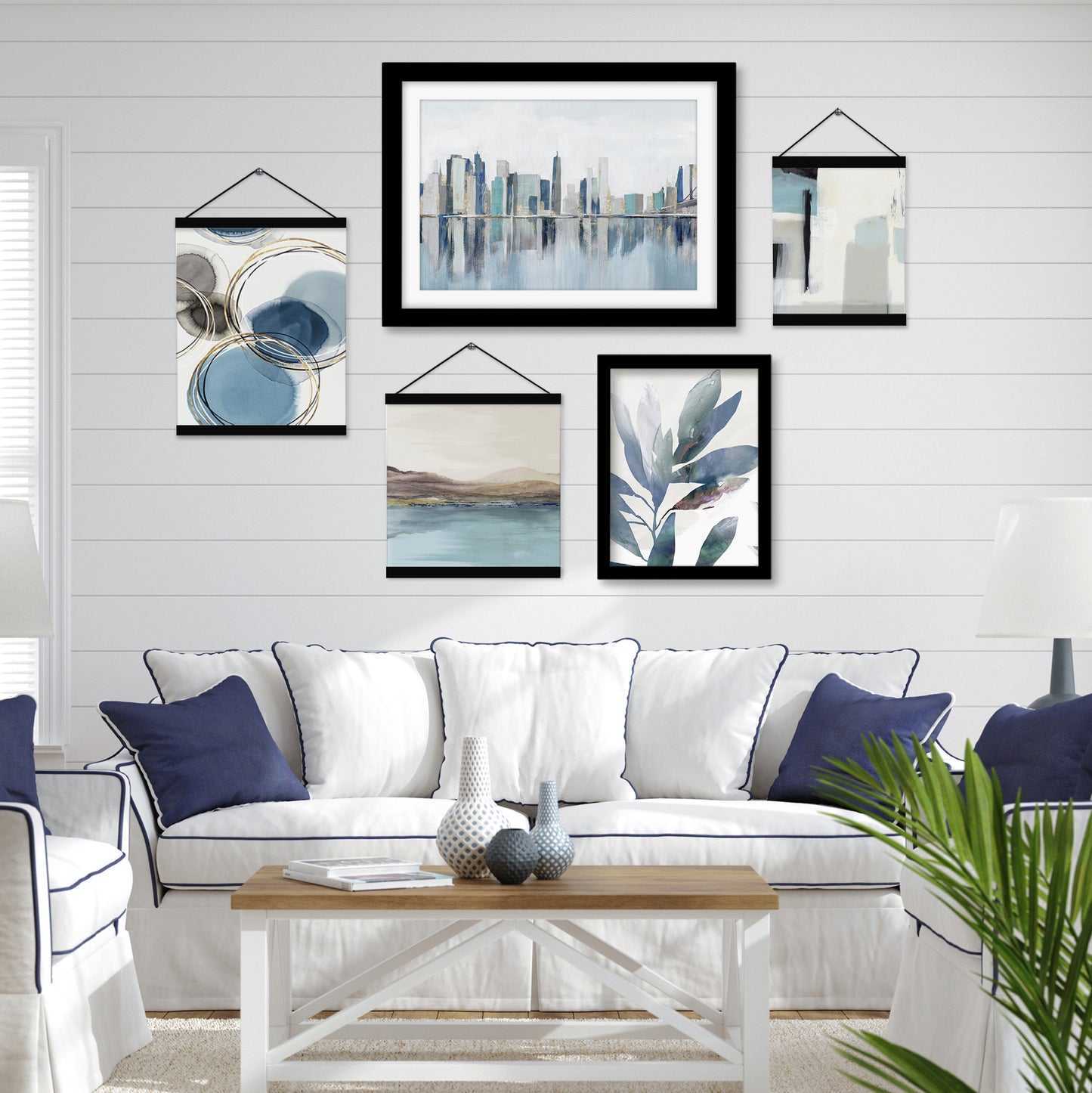 Blue Watercolor Floral Abstract NYC Skyline Framed Multimedia Gallery Art Set