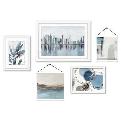 Blue Watercolor Floral Abstract NYC Skyline Framed Multimedia Gallery Art Set