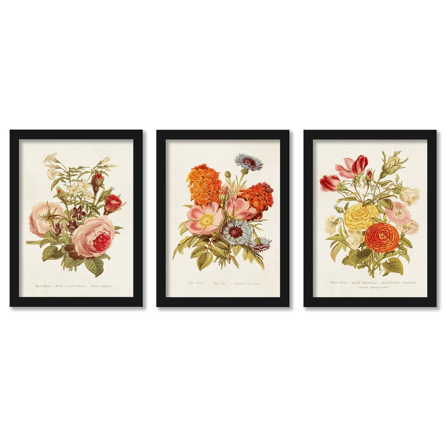 Floral Art of World Art 3 Gallery Wall Framed Group. Bouquet Americanflat Antique – Set Wall Print Set