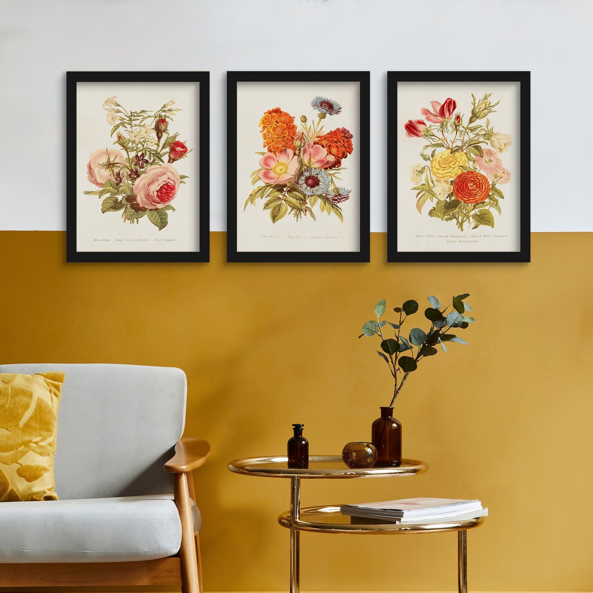 World Wall Wall Bouquet Set of Antique Print Art Art Framed Set 3 Gallery – Americanflat Group. Floral