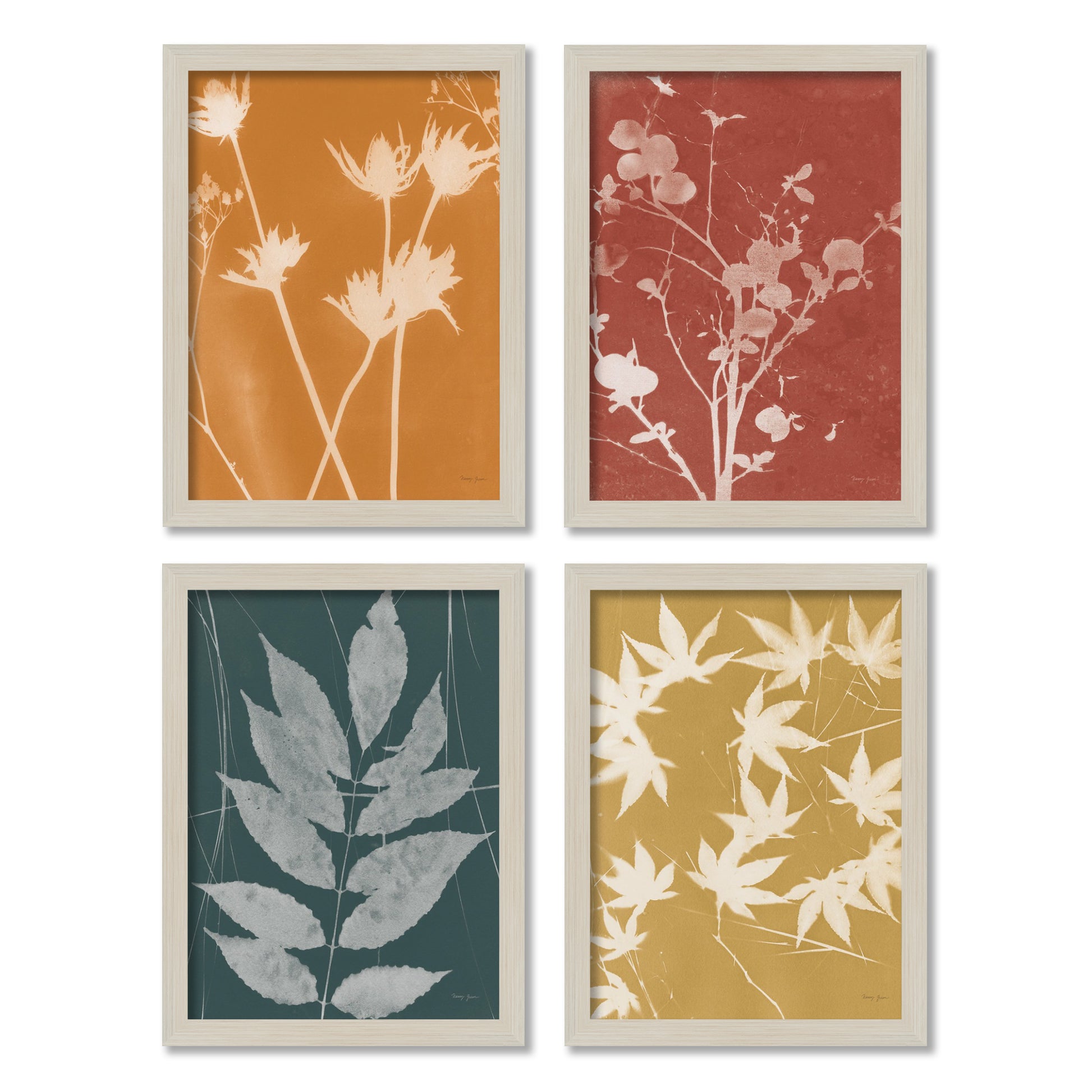 Fall Cyanotype by Silvia Vassileva - 4 Piece Gallery Framed Print Art Set