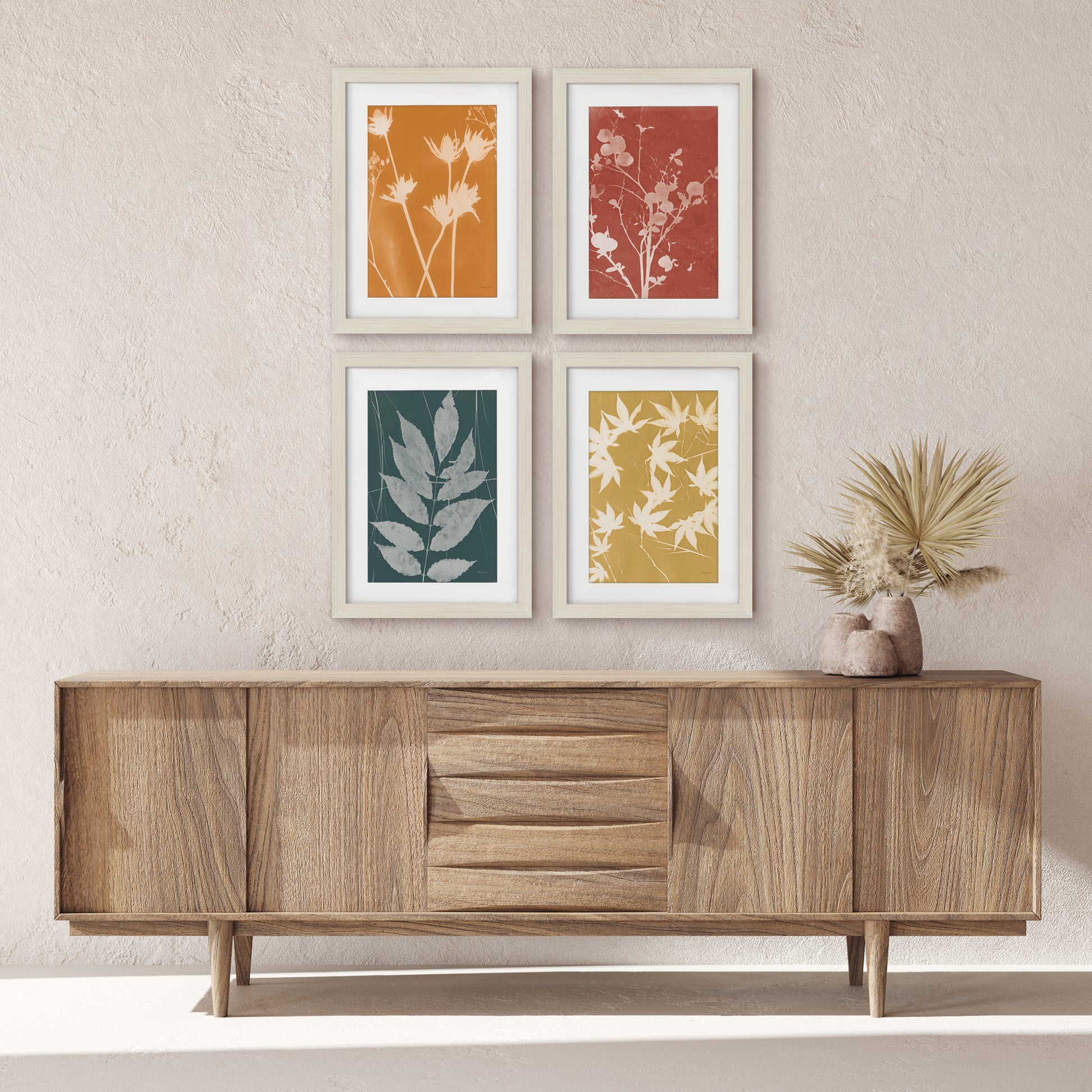 Fall Cyanotype by Silvia Vassileva - 4 Piece Gallery Framed Print with Mat Art Set