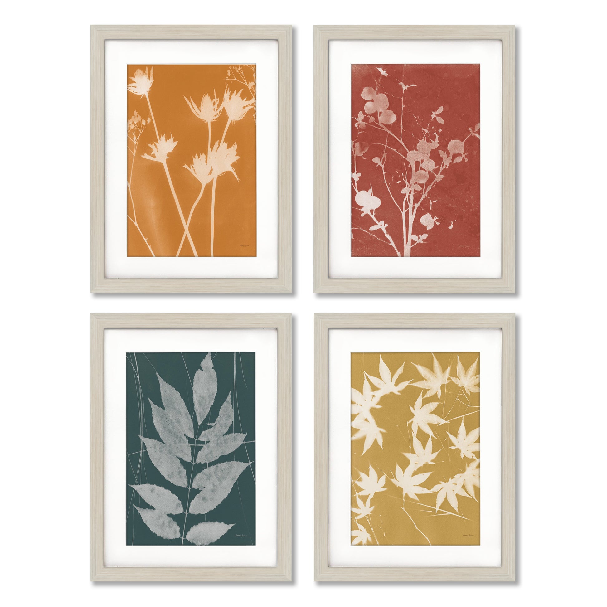 Fall Cyanotype by Silvia Vassileva - 4 Piece Gallery Framed Print with Mat Art Set