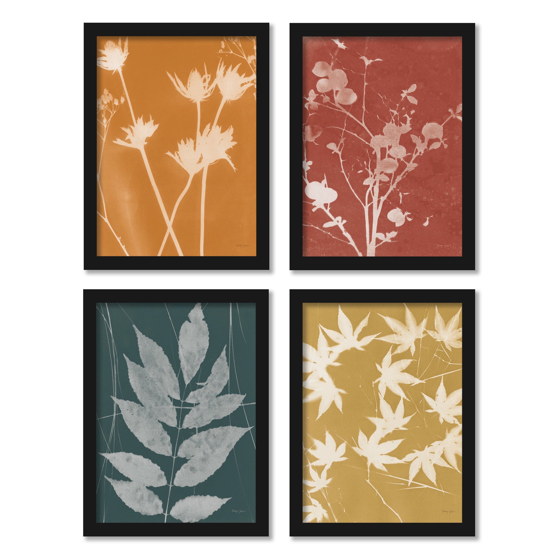 Fall Cyanotype by Nancy Green - 4 Piece Gallery Framed Print Art Set - Americanflat