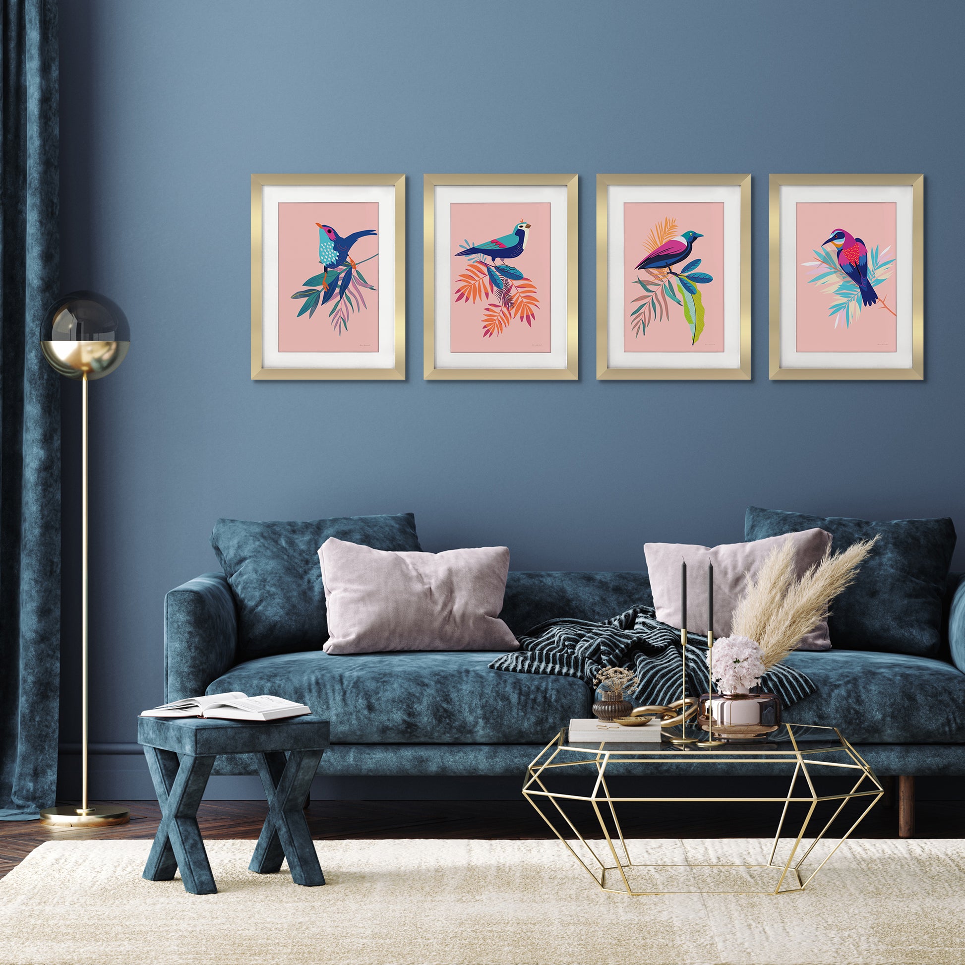 Exotic Birds by Silvia Vassileva - 4 Piece Gallery Framed Print with Mat Art Set