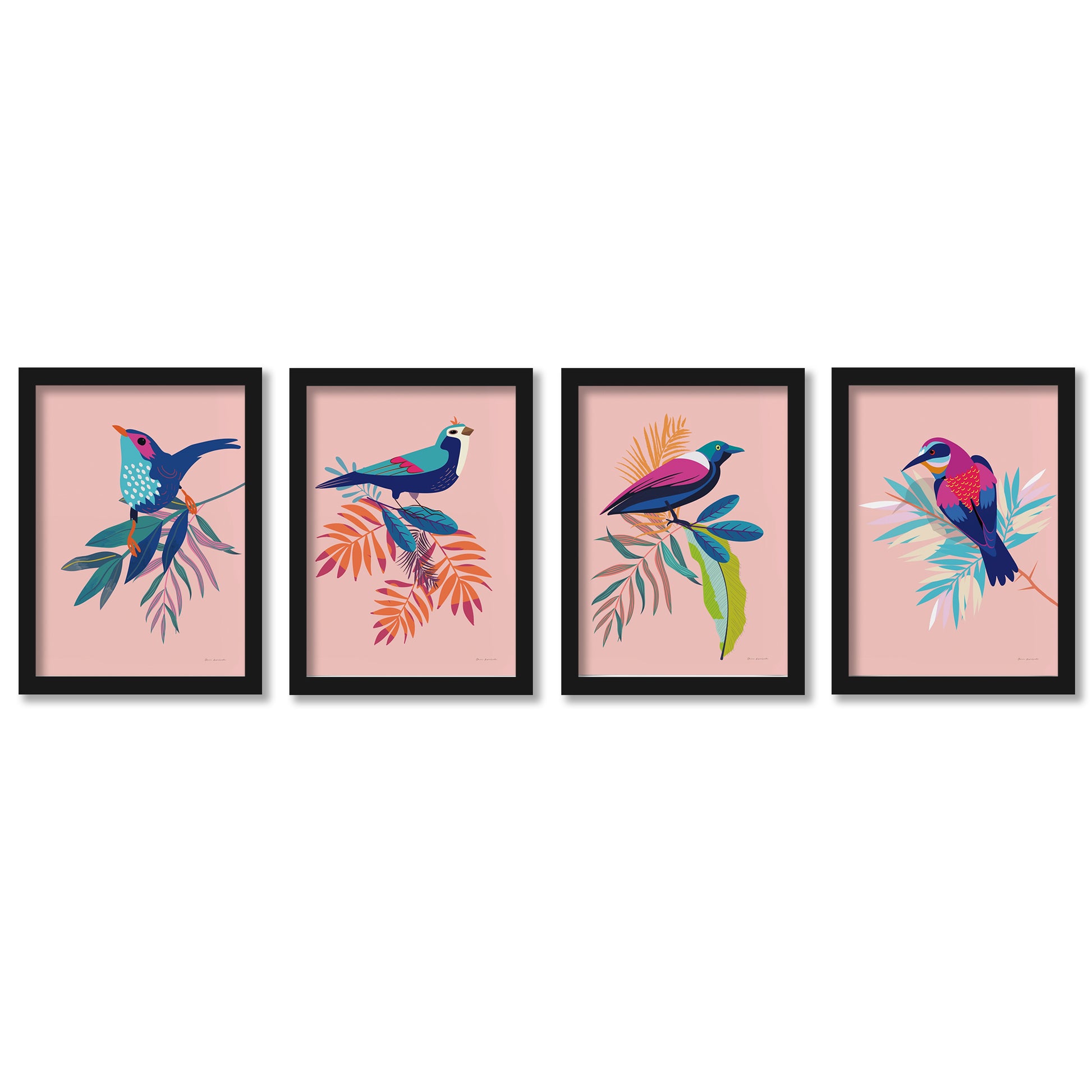 Exotic Birds by Omar Escalante - 4 Piece Gallery Framed Print Art Set - Americanflat