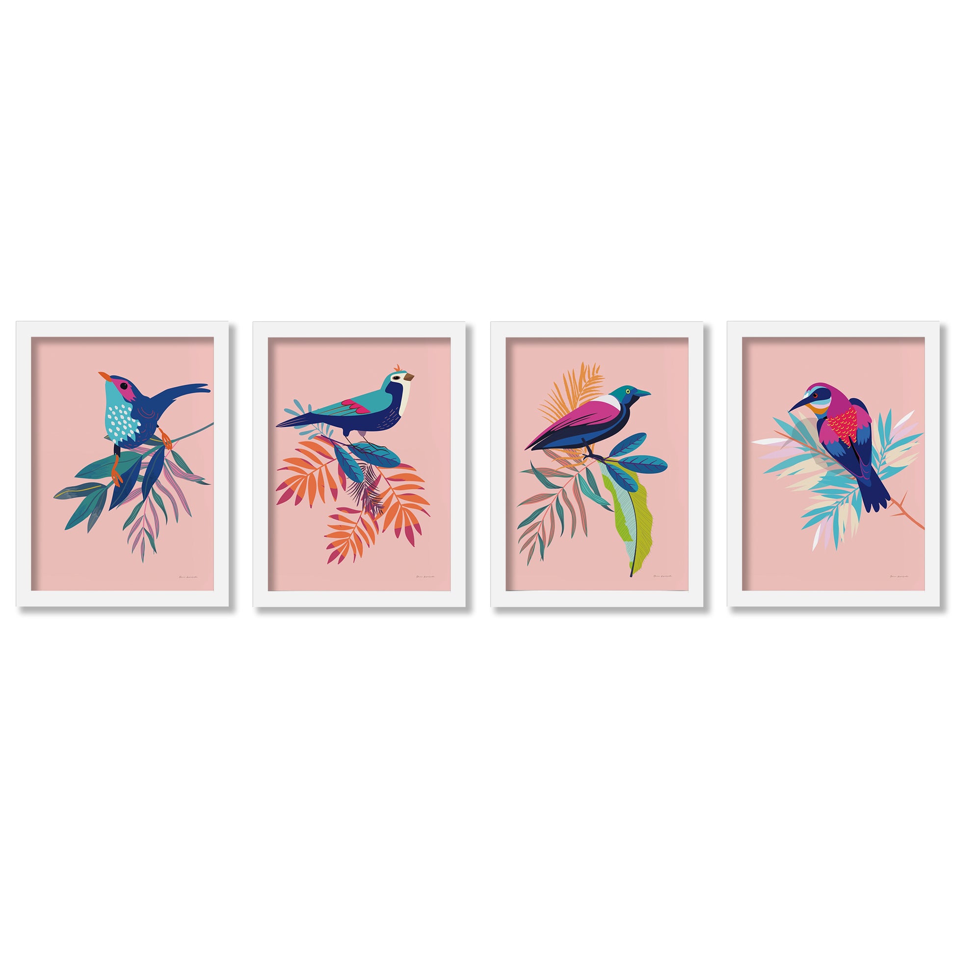 Exotic Birds by Omar Escalante - 4 Piece Gallery Framed Print Art Set - Americanflat