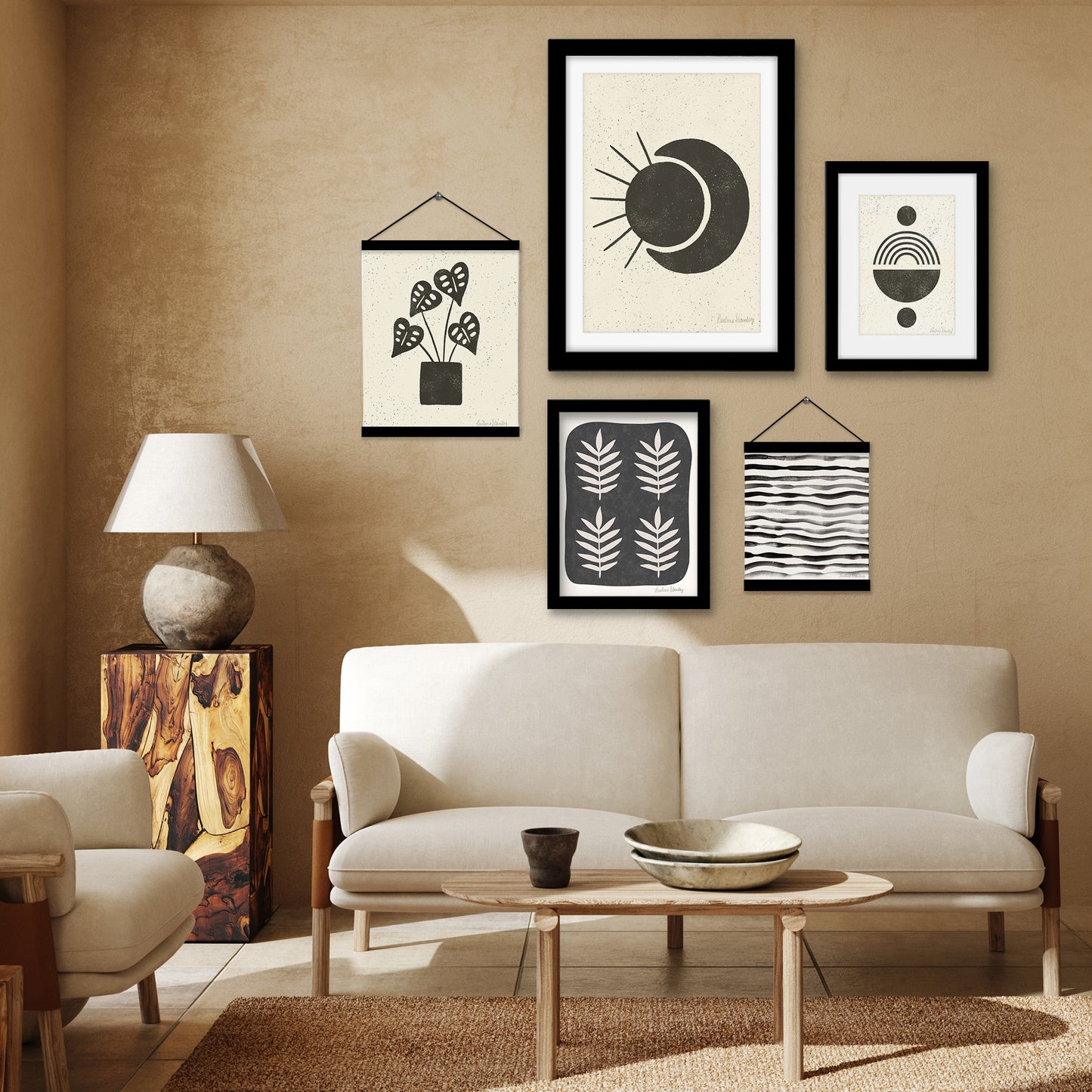 Black and Beige Leaves Pattern - Framed Multimedia Gallery Art Set