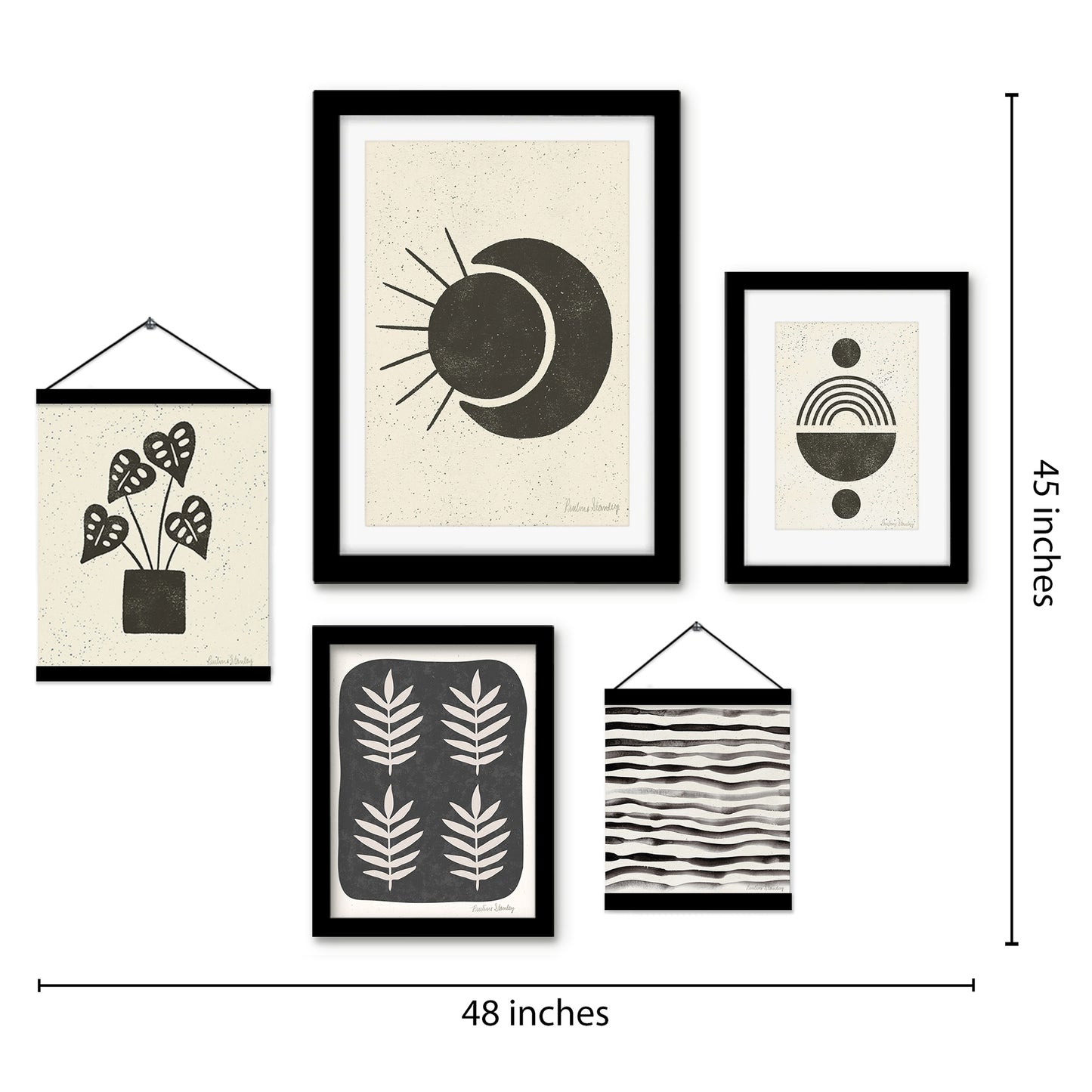 Black and Beige Leaves Pattern - Framed Multimedia Gallery Art Set