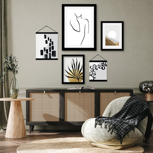 Black and Gold Abstract Woman Sun Framed Multimedia Gallery Art Set