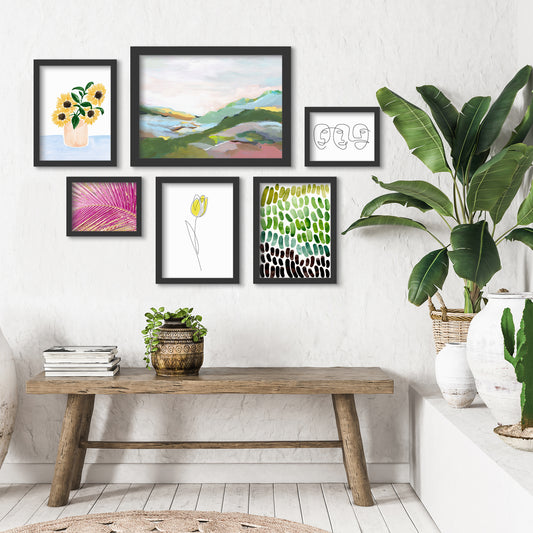 Watercolor Highland Floral Line Art - 6 Piece Framed Gallery Wall Set - Art Set - Americanflat