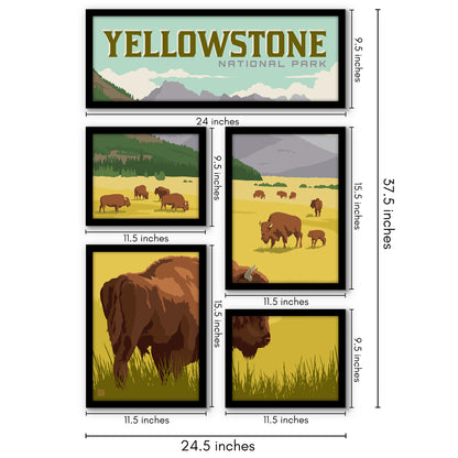 Yellowstone National Park 5 Piece Grid Wall Art Room Decor Set  - Framed