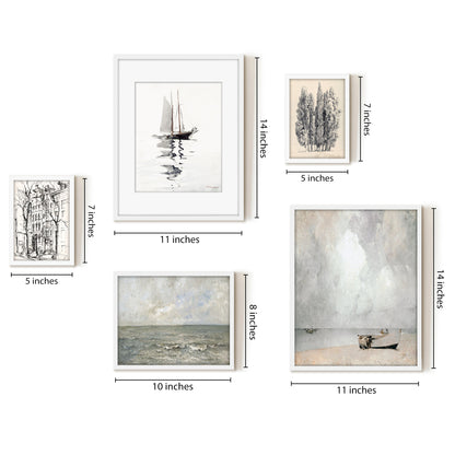 5 Piece Vintage Gallery Wall Art Set - Coastal Impressions Art by Wall + Wonder