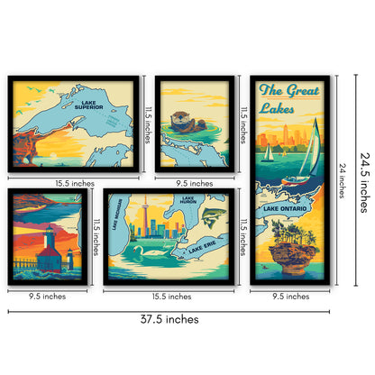 The Great Lakes Map 5 Piece Grid Wall Art Room Decor Set  - Framed