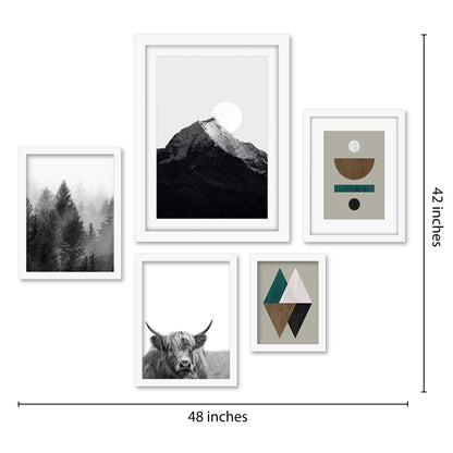 Americanflat 5 Piece Black Framed Gallery Wall Art Set - Black & White Landscape & Earth Tones Abstract Nature