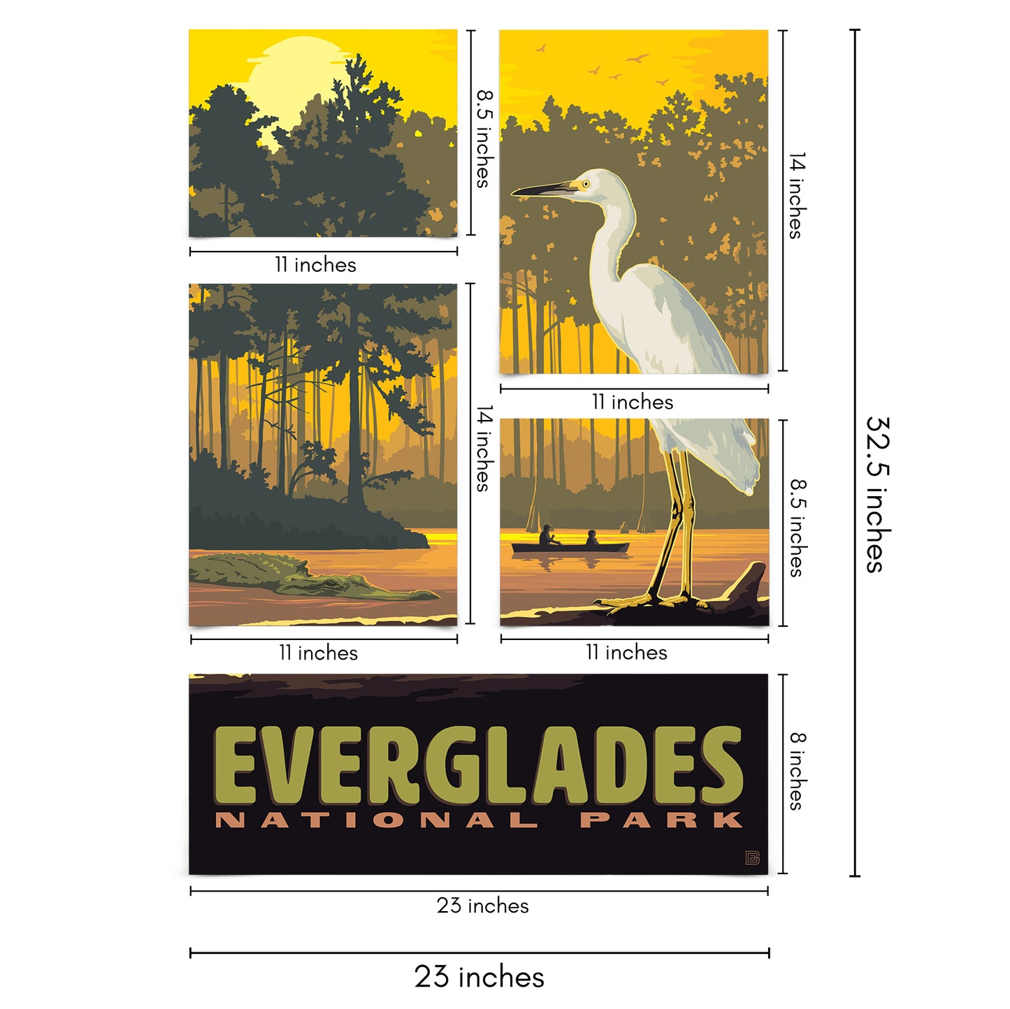 Everglades National Park Egret Sunset 5 Piece Grid Wall Art Room Decor Set  - Print