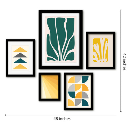Americanflat 5 Piece Black Framed Gallery Wall Art Set - Yellow & Green Abstract Shapes Peace