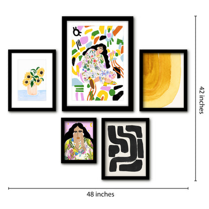 Americanflat 5 Piece Black Framed Gallery Wall Art Set - Colorful Abstract Botanical Woman