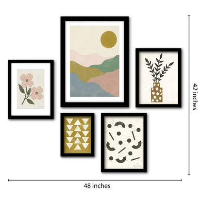 Americanflat 5 Piece Black Framed Gallery Wall Art Set - Pastel Pink & Green Botanical Abstract Landscape