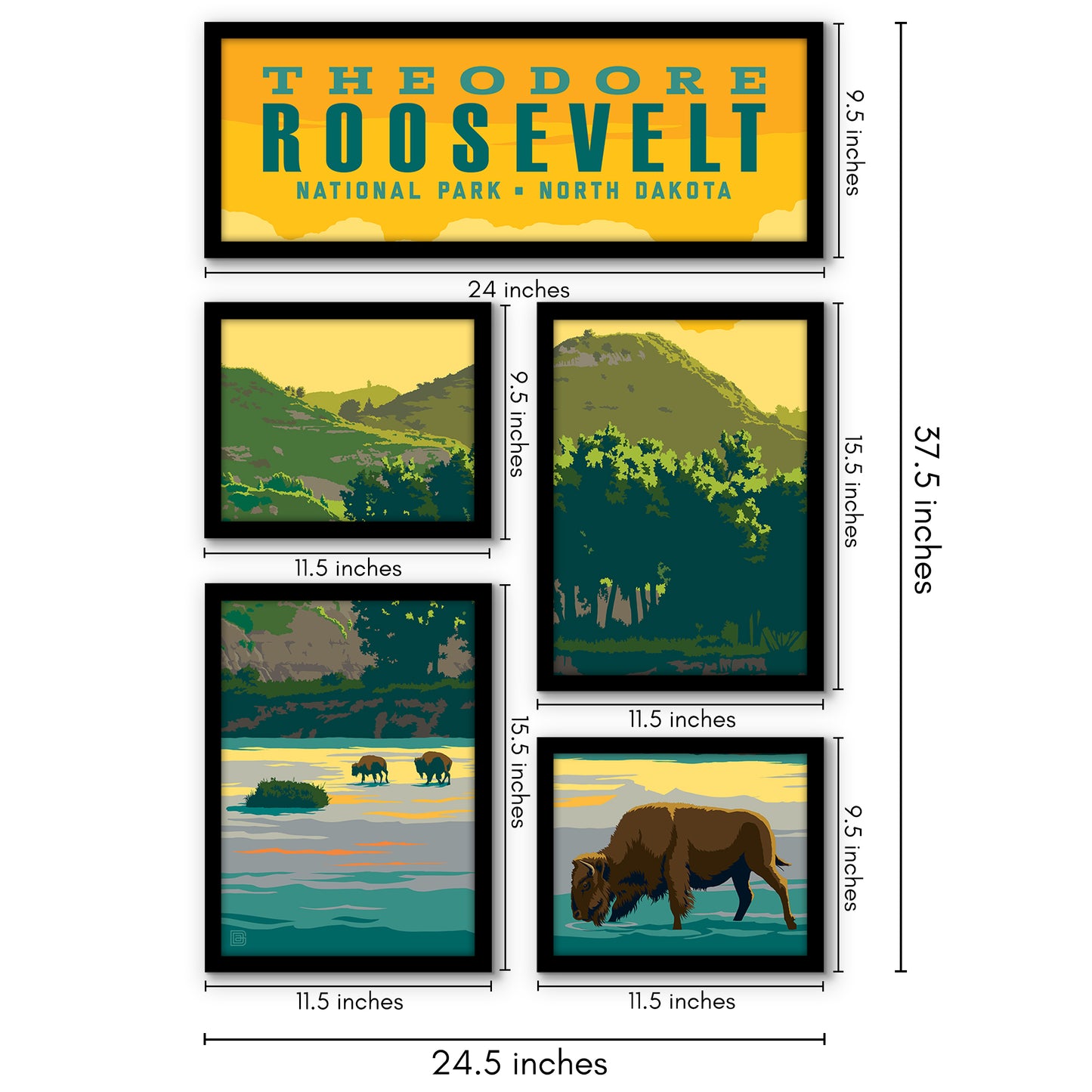 Theodore Roosevelt National Park 5 Piece Grid Wall Art Room Decor Set  - Framed