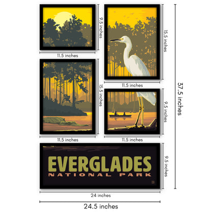 Everglades National Park Egret Sunset 5 Piece Grid Wall Art Room Decor Set  - Framed