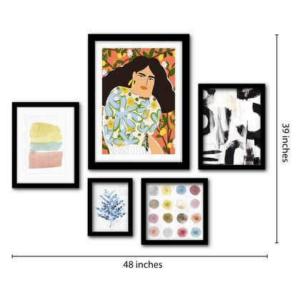 Americanflat 5 Piece Black Framed Gallery Wall Art Set - Pastel Abstract Floral Woman