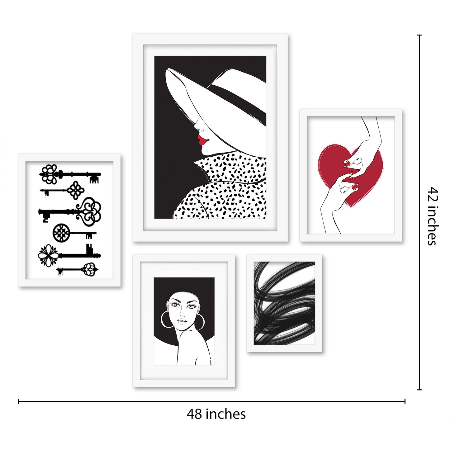 Americanflat 5 Piece Black Framed Gallery Wall Art Set - Black, White & Red Abstract Feminine Wire Art